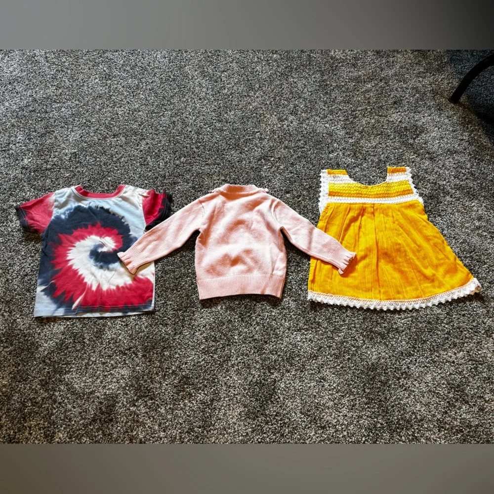 Bundle of 2T girl clothes. Tie-Dye T-Shirt, Pink Cardigan, and Yellow shirt - Picture 6 of 6